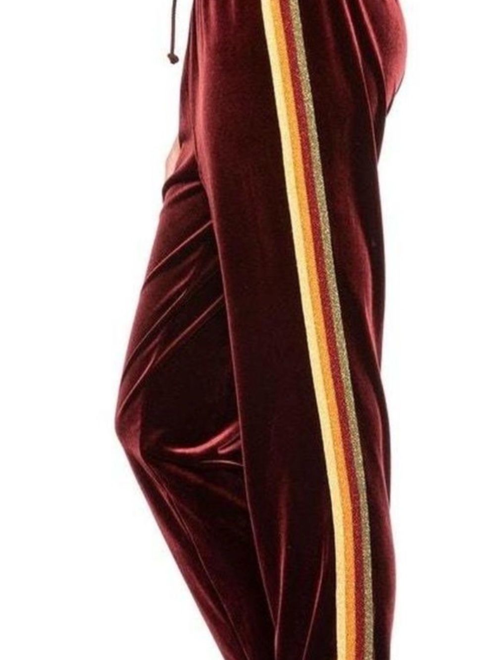 MOTHER Burgundy Velvet Track Pants with Metallic Stripe